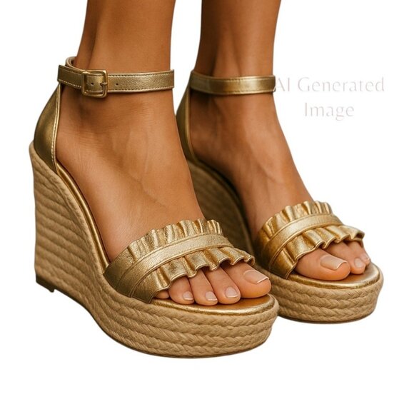 Michael Kors BELLA Gold Metallic Leather Ruffle Jute Platforms Sandals Sz 9 M 39 - Picture 1 of 12